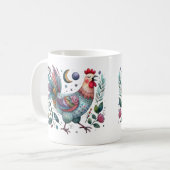 Leuke volkskunst stijl kip of haan bij nacht koffiemok (Voorkant links)