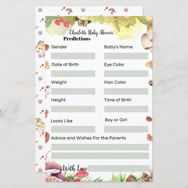 leuke voorspellingen Baby shower Spel paddenstoel (Voorkant / Achterkant)