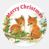 Leuke vos en chickade in de sneeuw kerst ronde sticker (Voorkant)