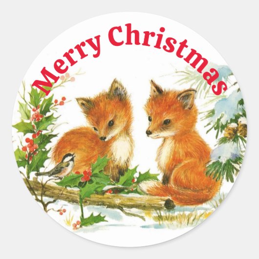 Leuke vos en chickade in de sneeuw kerst ronde sticker (Voorkant)