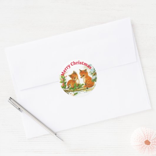 Leuke vos en chickade in de sneeuw kerst ronde sticker (Envelop)