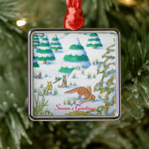 leuke vos en van konijnenKerstmis sneeuwscène Metalen Ornament
