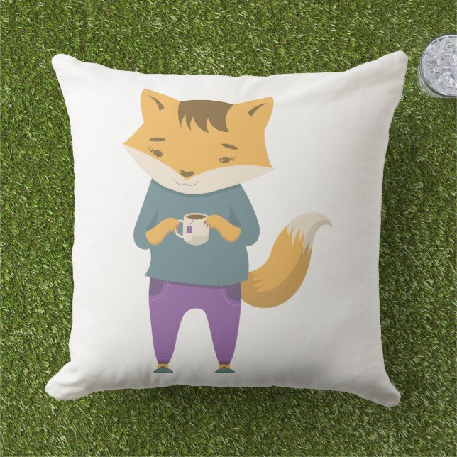 Leuke vos met kopje thee buitenkussen (Gras)