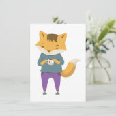 Leuke vos met kopje thee feestdagenkaart (Staand voorkant)
