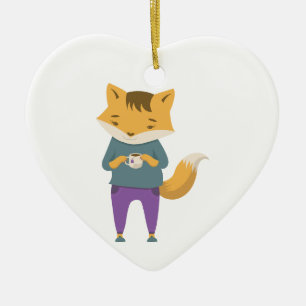 Leuke vos met kopje thee keramisch ornament