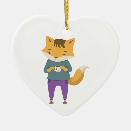 Leuke vos met kopje thee keramisch ornament (Voorkant)