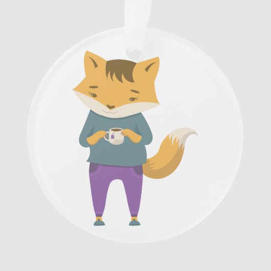 Leuke vos met kopje thee ornament (voorkant)