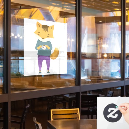 Leuke vos met kopje thee raamsticker (Restaurant Raam)