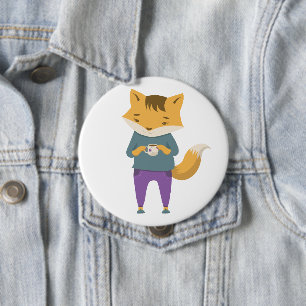 Leuke vos met kopje thee ronde button 4,0 cm