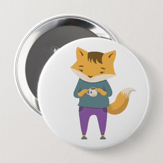 Leuke vos met kopje thee ronde button 4,0 cm (Voorkant /achterkant)