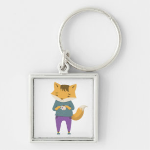 Leuke vos met kopje thee sleutelhanger
