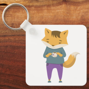 Leuke vos met kopje thee sleutelhanger