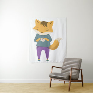 Leuke vos met kopje thee wandkleed
