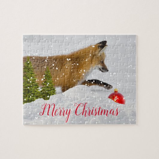 Leuke vrolijke kerst vos legpuzzel (Horizontaal)