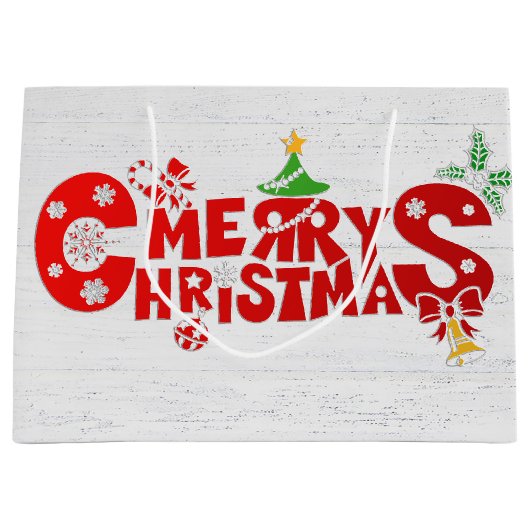 Leuke vrolijke kersttekst op witgewassen hout groot cadeauzakje (Voorkant)