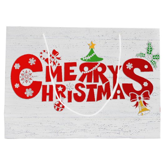 Leuke vrolijke kersttekst op witgewassen hout groot cadeauzakje (Achterkant)