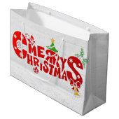 Leuke vrolijke kersttekst op witgewassen hout groot cadeauzakje (Voorkant Gekanteld)