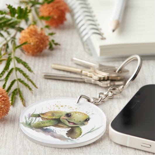 Leuke vrolijke schildpad acryl Sleutelhanger (Voorkant Rechts)