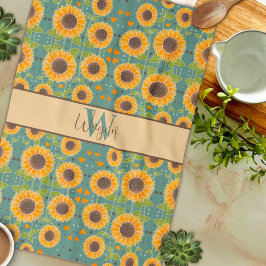 Leuke vrolijke zonnebloem aangepaste naam Initiaal Theedoek