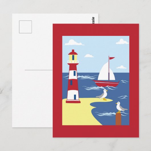 Leuke vuurtoren en boot kunst aan zee briefkaart (Voorkant / Achterkant)