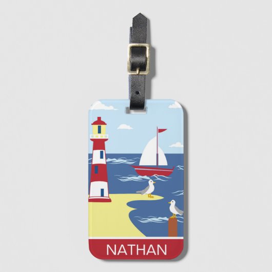 Leuke vuurtoren en boot kunst aan zee gepersonalis bagagelabel (Voorkant (verticaal))