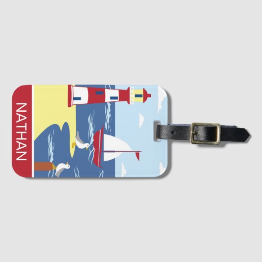 Leuke vuurtoren en boot kunst aan zee gepersonalis bagagelabel (Voorkant (horizontaal))