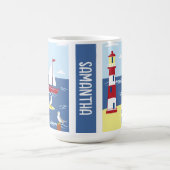 Leuke vuurtoren en boot kunst aan zee gepersonalis koffiemok (Center)