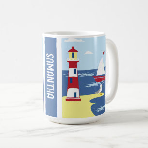 Leuke vuurtoren en boot kunst aan zee gepersonalis koffiemok