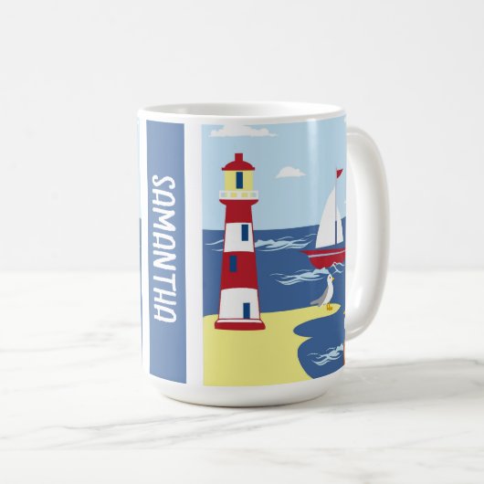 Leuke vuurtoren en boot kunst aan zee gepersonalis koffiemok (Voorkant rechts)