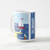 Leuke vuurtoren en boot kunst aan zee gepersonalis koffiemok (Voorkant links)