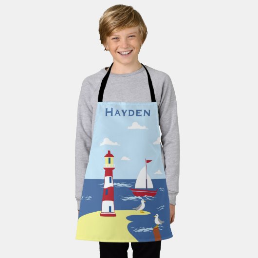 Leuke vuurtoren en boot kunst aan zee gepersonalis schort (Gedragen)
