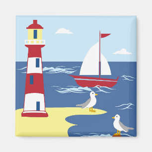 Leuke vuurtoren en boot kunst aan zee magneet
