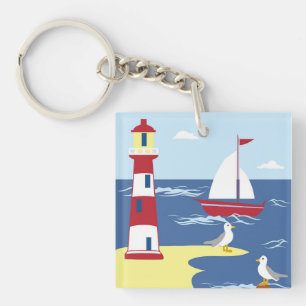 Leuke vuurtoren en boot kunst aan zee sleutelhanger