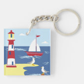 Leuke vuurtoren en boot kunst aan zee sleutelhanger (Achterkant)