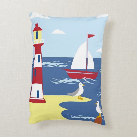 Leuke vuurtoren en boot kust illustratie accent kussen (Achterkant (Verticaal))