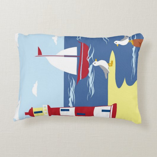 Leuke vuurtoren en boot kust illustratie accent kussen (Achterkant)