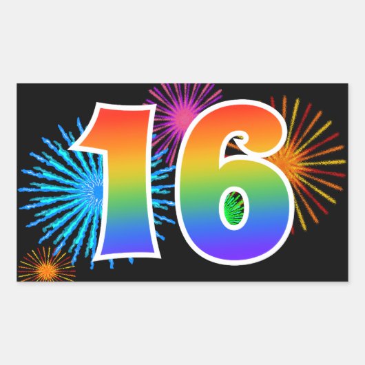 Leuke Vuurwerk + Regenboog Patroon "16" Evenement  Rechthoekige Sticker (Voorkant)