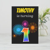 Leuke Vuurwerk + Regenboog Patroon "1" Verjaardag  Kaart (Staand voorkant)