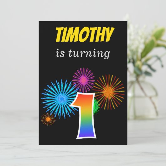 Leuke Vuurwerk + Regenboog Patroon "1" Verjaardag  Kaart (Staand voorkant)