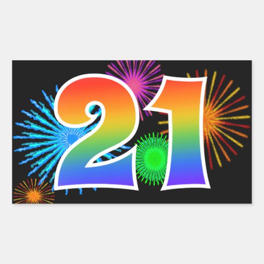 Leuke Vuurwerk + Regenboog Patroon "21" Evenement  Rechthoekige Sticker (Voorkant)
