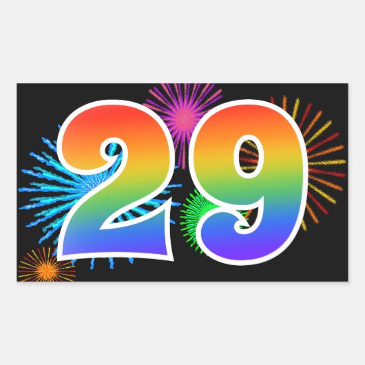 Leuke Vuurwerk + Regenboog Patroon "29" Evenement  Rechthoekige Sticker (Voorkant)