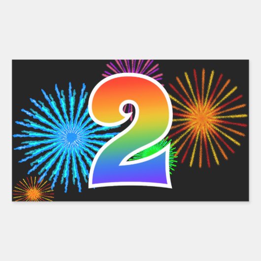 Leuke Vuurwerk + Regenboog Patroon "2" Evenement N Rechthoekige Sticker (Voorkant)