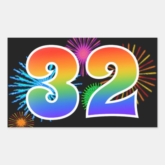 Leuke Vuurwerk + Regenboog Patroon "32" Evenement Rechthoekige Sticker (Voorkant)