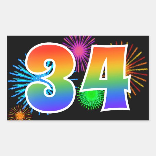Leuke Vuurwerk + Regenboog Patroon "34" Evenement Rechthoekige Sticker (Voorkant)