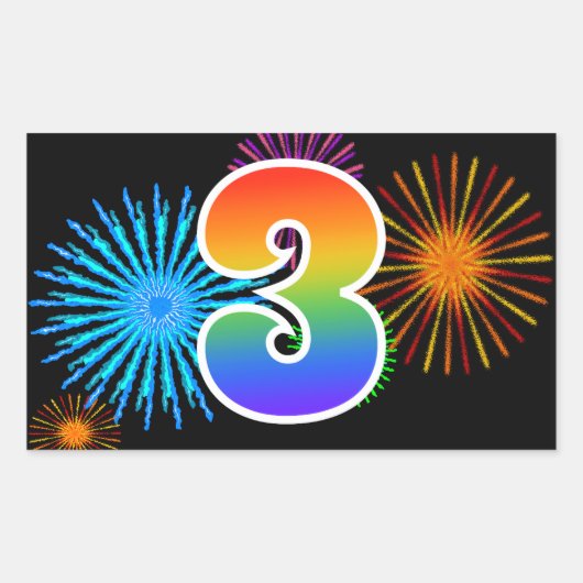 Leuke Vuurwerk + Regenboog Patroon "3" Evenement N Rechthoekige Sticker (Voorkant)