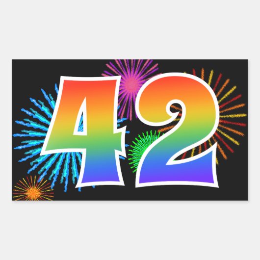 Leuke Vuurwerk + Regenboog Patroon "42" Evenement  Rechthoekige Sticker (Voorkant)