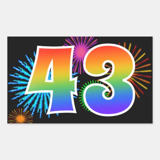 Leuke Vuurwerk + Regenboog Patroon "43" Evenement Rechthoekige Sticker (Voorkant)