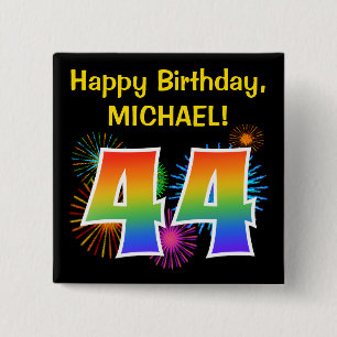 Leuke Vuurwerk + Regenboog Patroon "44" Verjaardag Vierkante Button 5,1 Cm