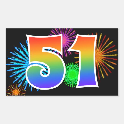 Leuke Vuurwerk + Regenboog Patroon "51" Evenement  Rechthoekige Sticker (Voorkant)