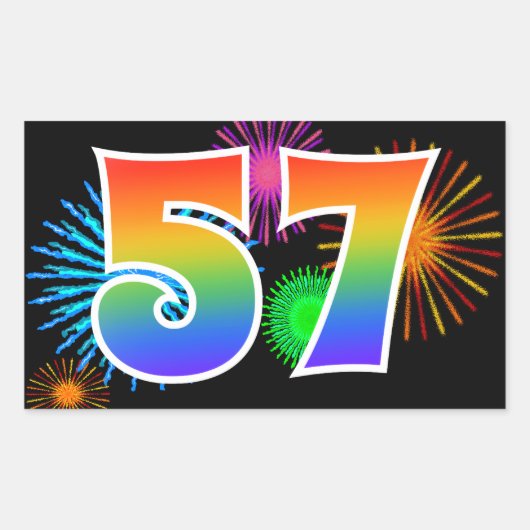 Leuke Vuurwerk + Regenboog Patroon "57" Evenement Rechthoekige Sticker (Voorkant)